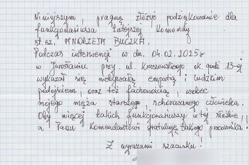Podziękowanie dla jarosławskiego policjanta za empatię i profesjonalizm